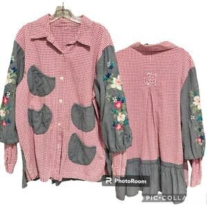 Artsy Cottagecore Gingham Embroidered Puff Sleeve Button Down Tunic Top Pink